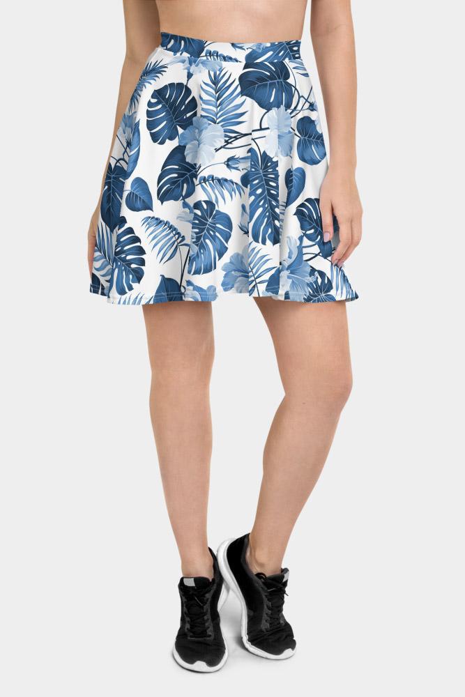 Blue Tropical Leaves Skater Skirt - SeeMyLeggings