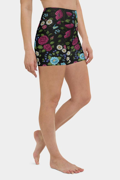 Embroidery Floral Print Yoga Shorts - SeeMyLeggings