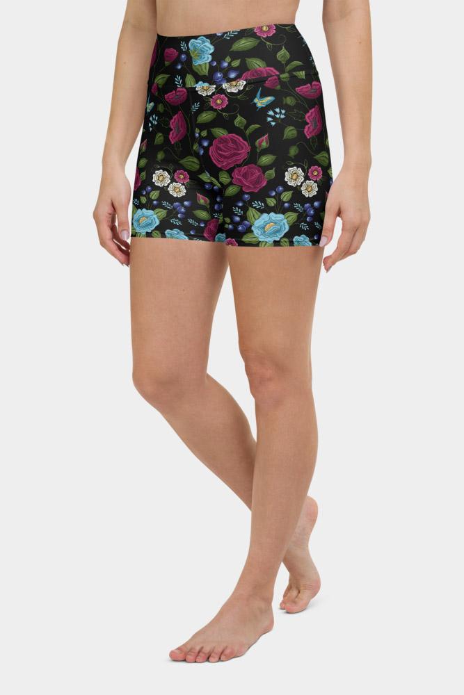 Embroidery Floral Print Yoga Shorts - SeeMyLeggings