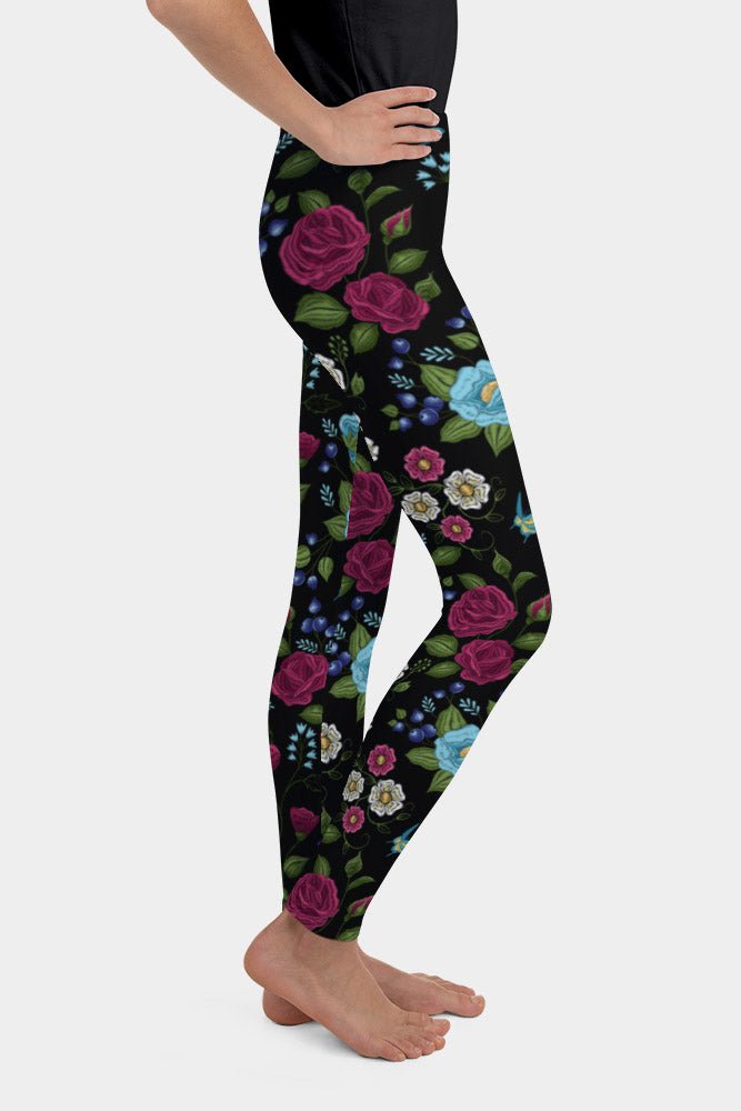 Embroidery Floral Print Youth Leggings - SeeMyLeggings