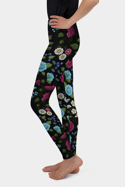Embroidery Floral Print Youth Leggings - SeeMyLeggings