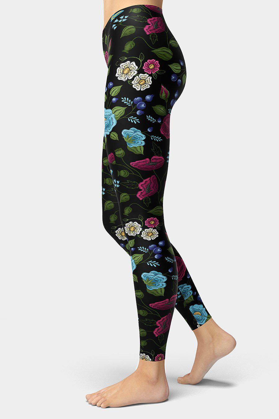 Embroidery Print Floral Leggings - SeeMyLeggings